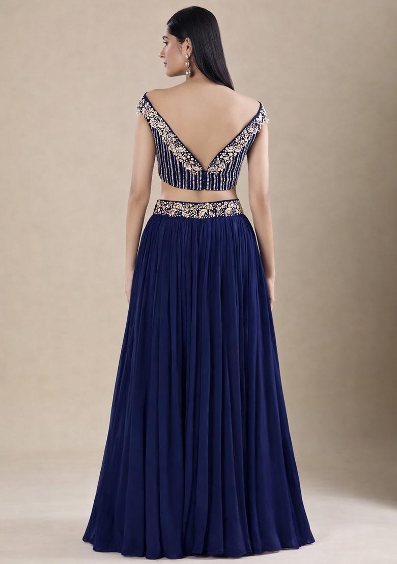 Navy Blue Chinon Handwork Lehenga Set - Indya