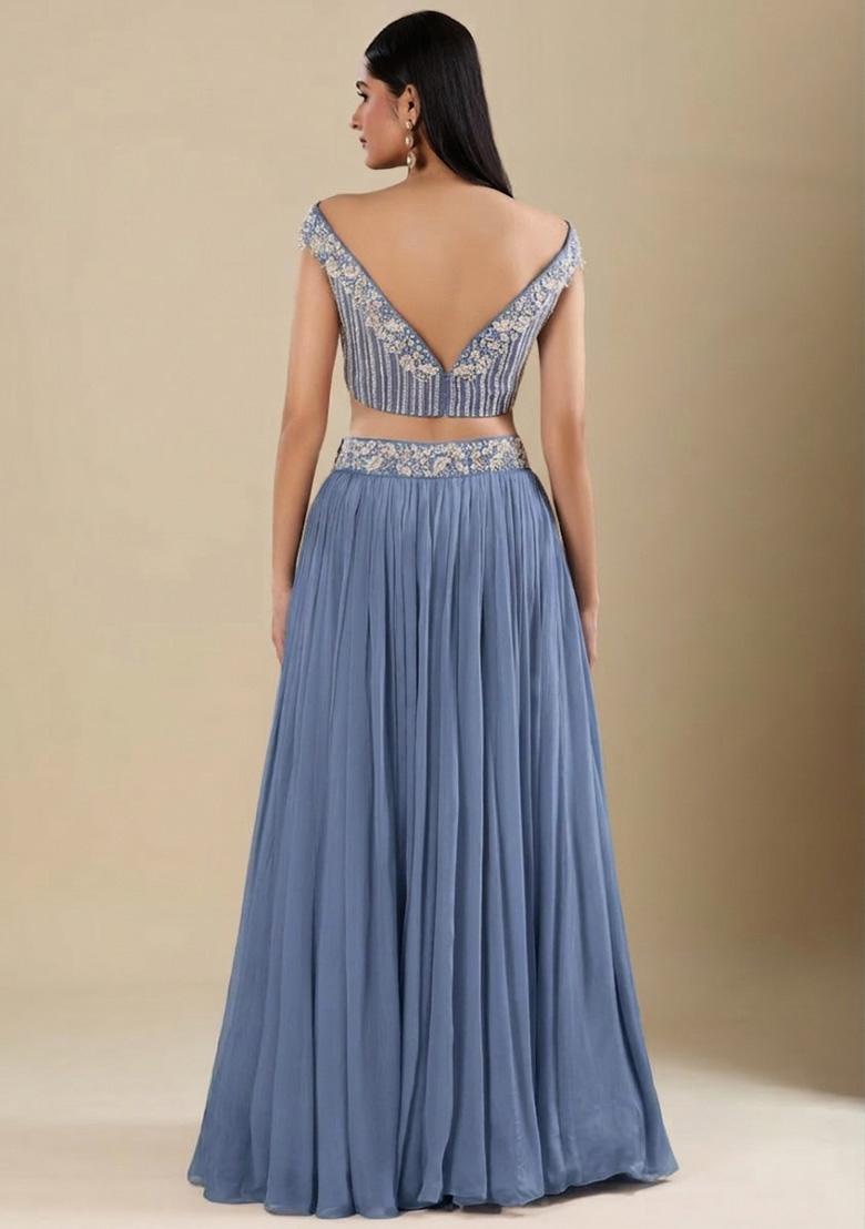Steel Blue Chinon Handwork Lehenga Set - Indya