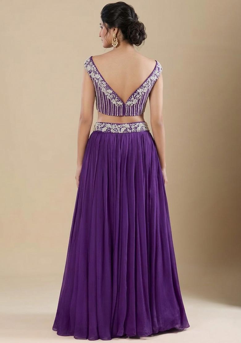 Purple Chinon Handwork Lehenga Set - Indya