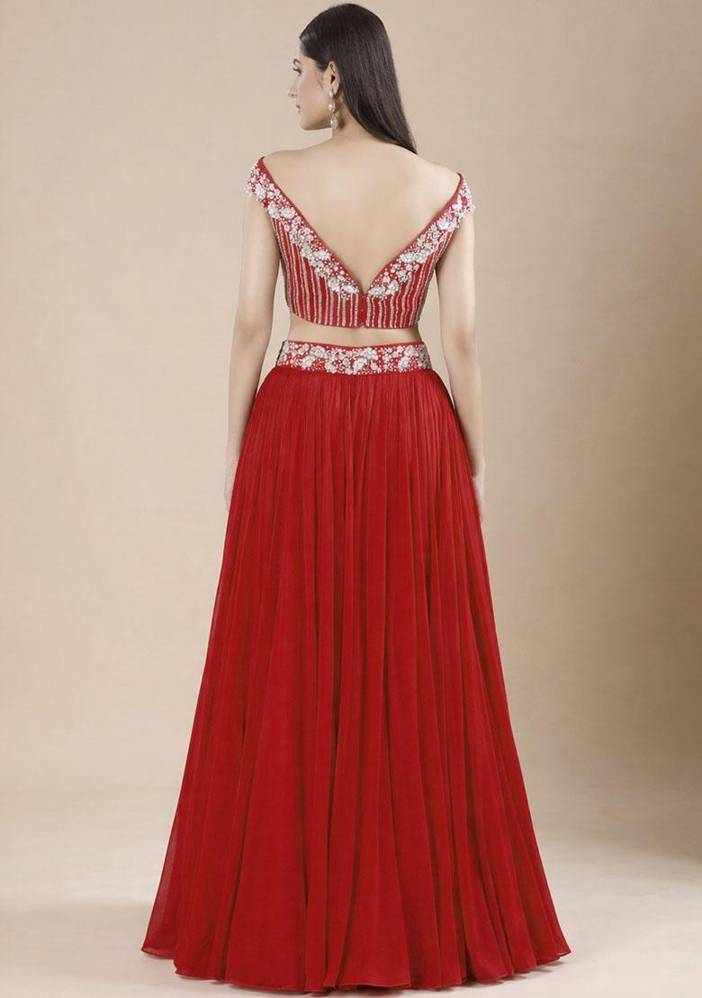 Red Chinon Handwork Lehenga Set - Indya