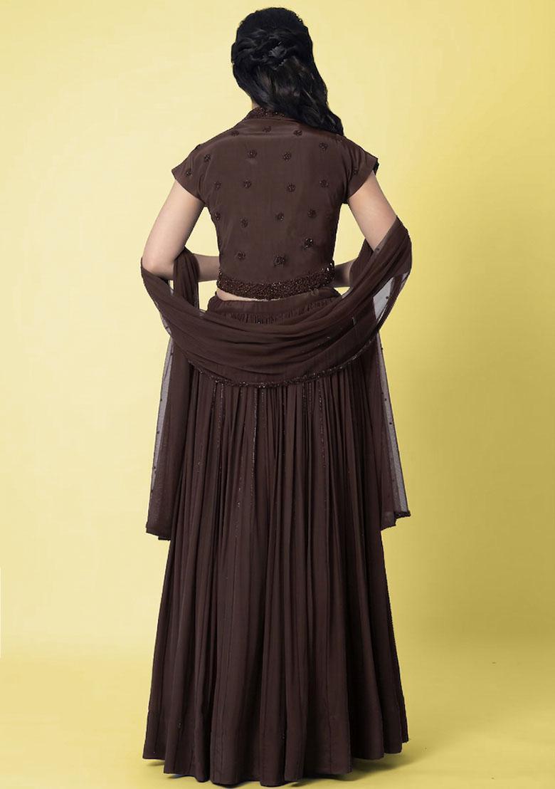 Dark Brown Crepe Handwork Lehenga Set - Indya