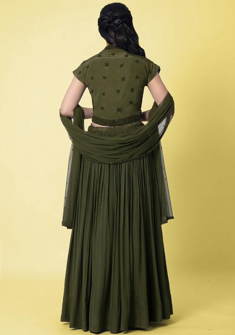 Olive Green Crepe Handwork Lehenga Set - Indya