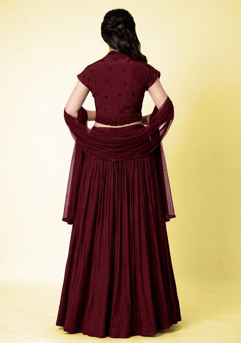 Deep Maroon Crepe Handwork Lehenga Set - Indya