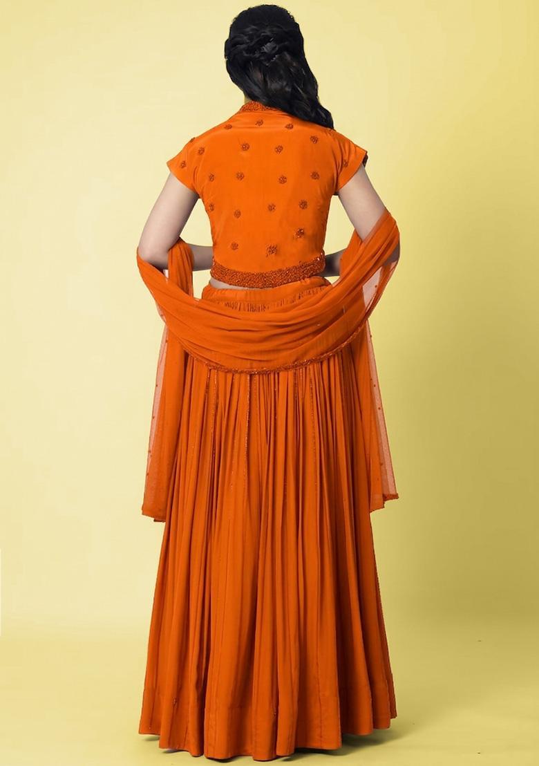 Orange Crepe Handwork Lehenga Set - Indya