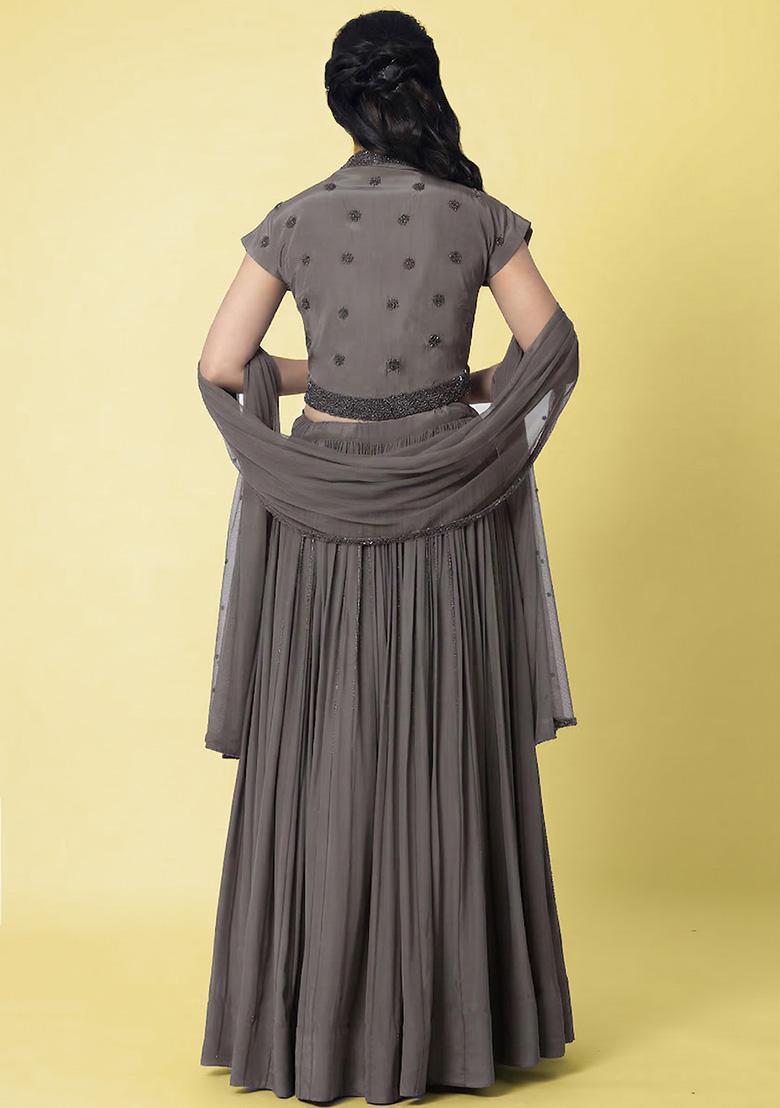 Grey Crepe Handwork Lehenga Set - Indya