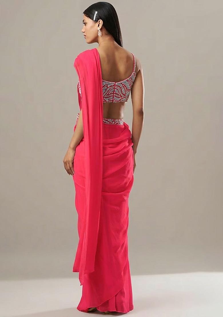 Hot Pink Georgette Handwork Pre Draped Saree Set - Indya