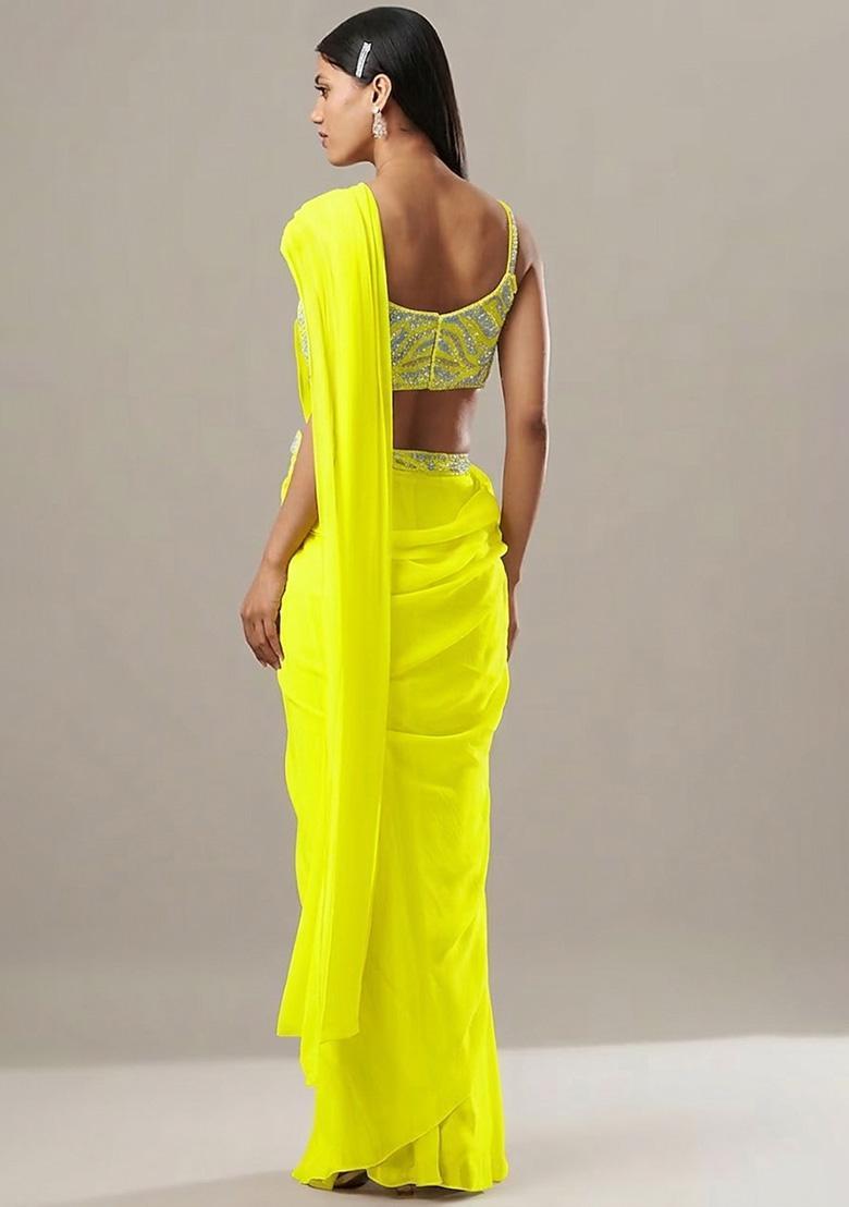 Yellow Georgette Handwork Pre Draped Saree Set - Indya