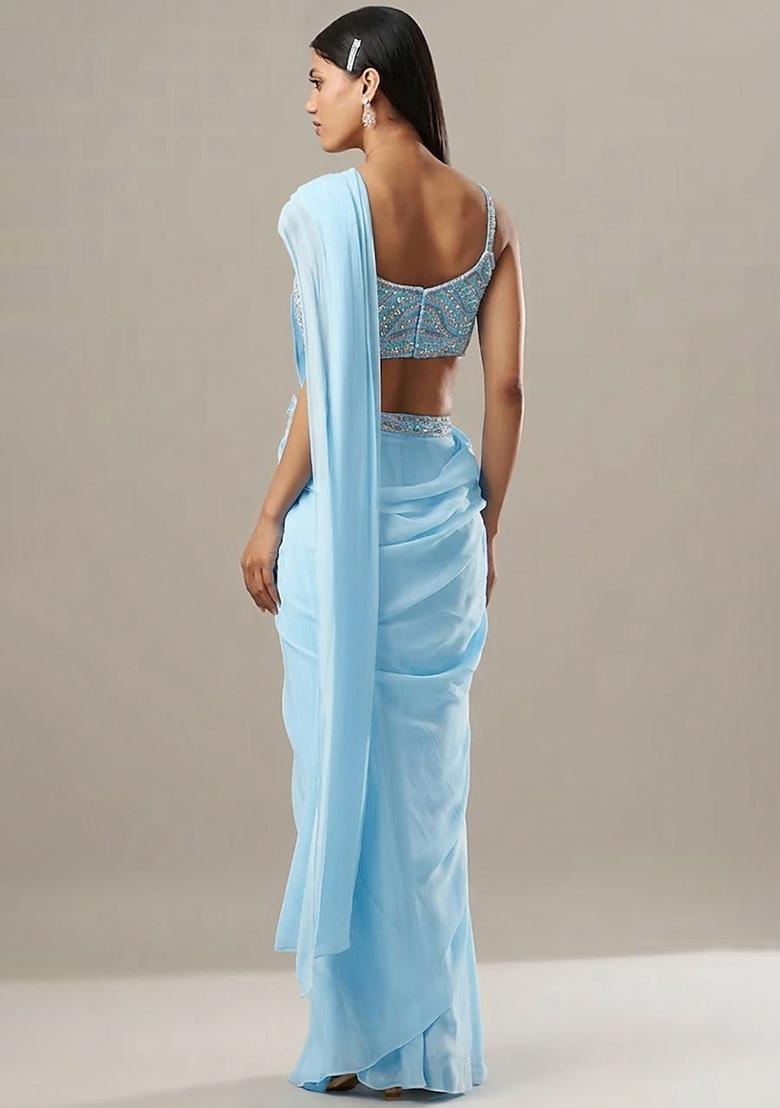 Sky Blue Georgette Handwork Pre Draped Saree Set - Indya