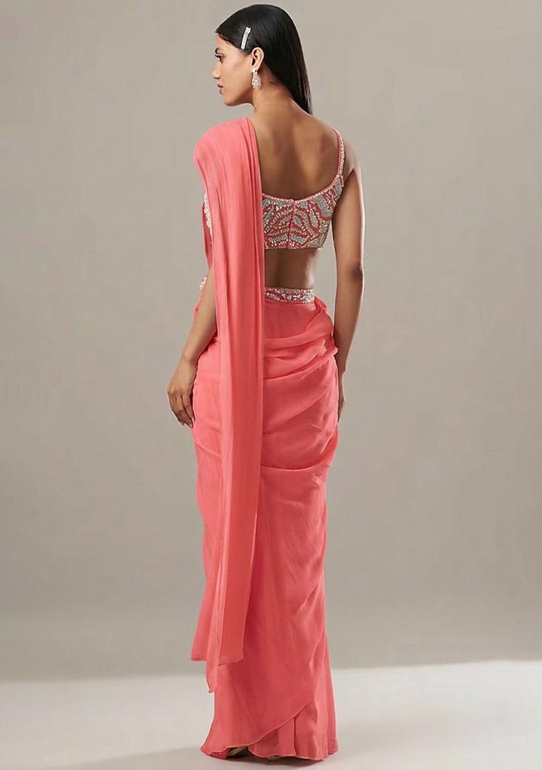 Coral Pink Georgette Handwork Pre Draped Saree Set - Indya