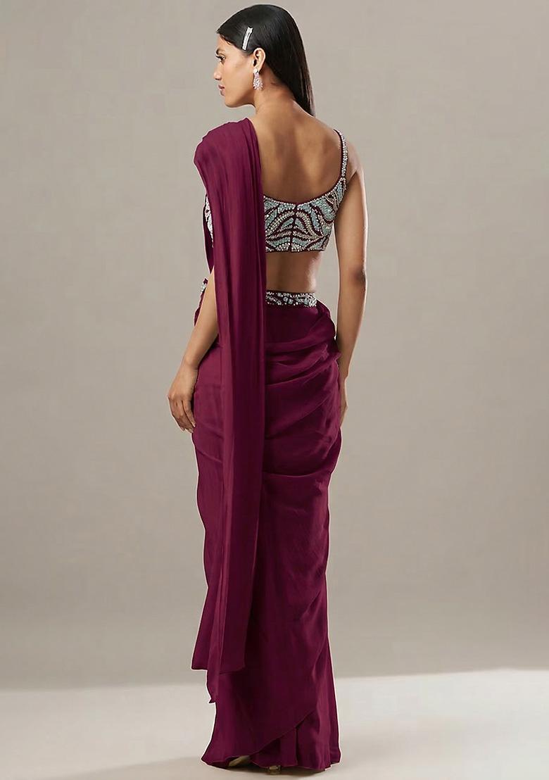 Deep Wine Georgette Handwork Pre Draped Saree Set - Indya