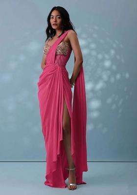 Hot Pink Crepe Handwork Pre Draped Saree Set