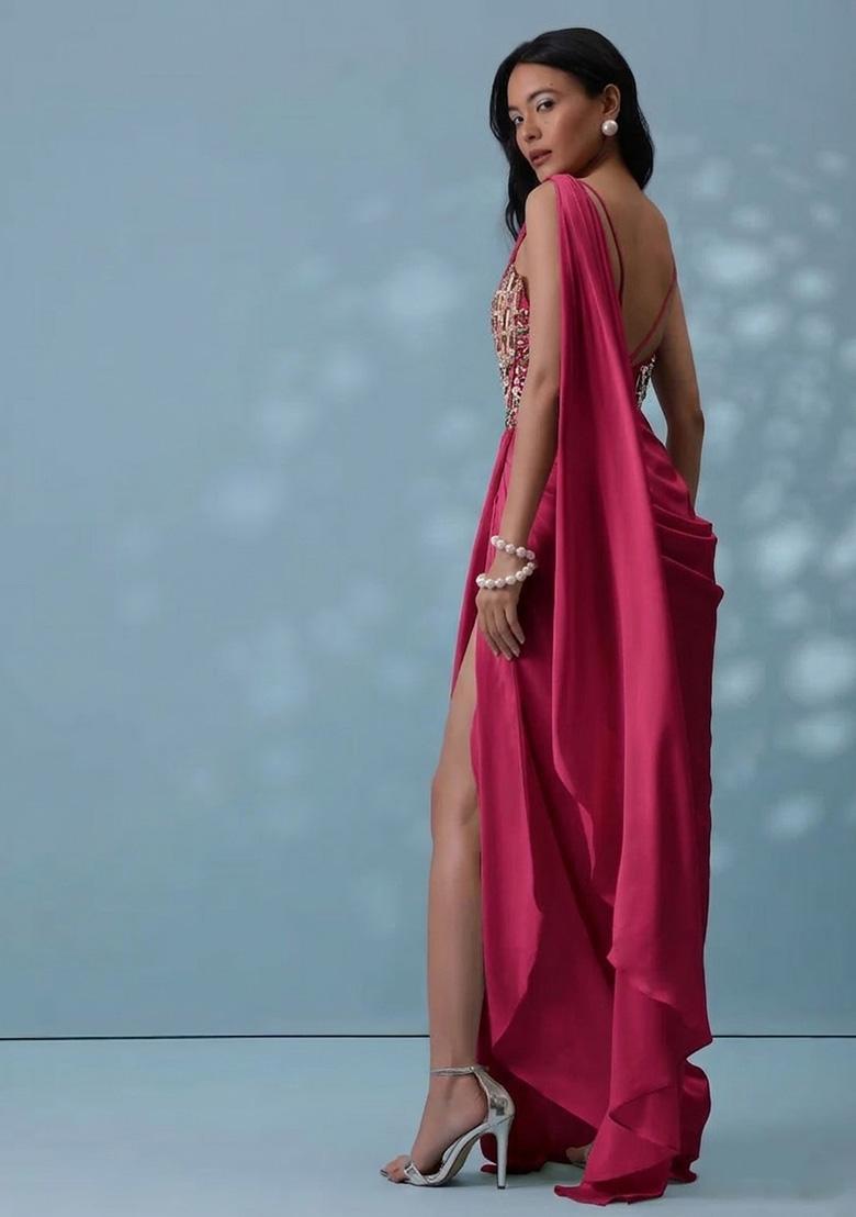 Hot Pink Crepe Handwork Pre Draped Saree Set - Indya