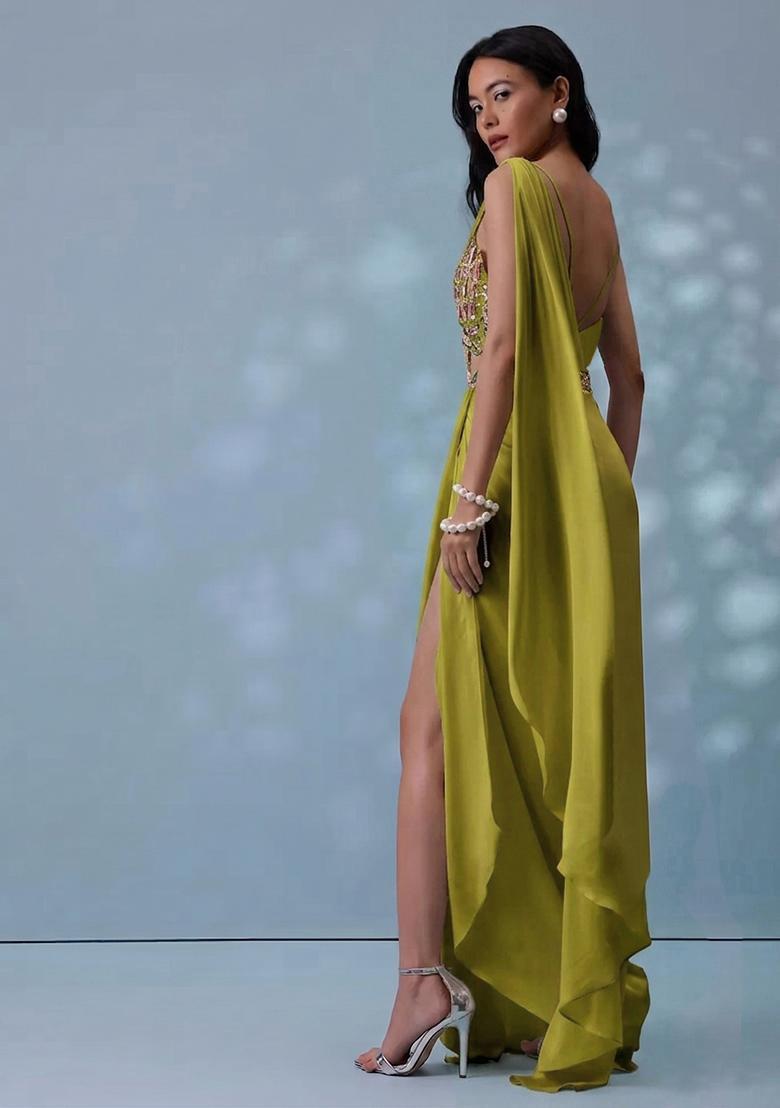 Olive Green Crepe Handwork Pre Draped Saree Set - Indya