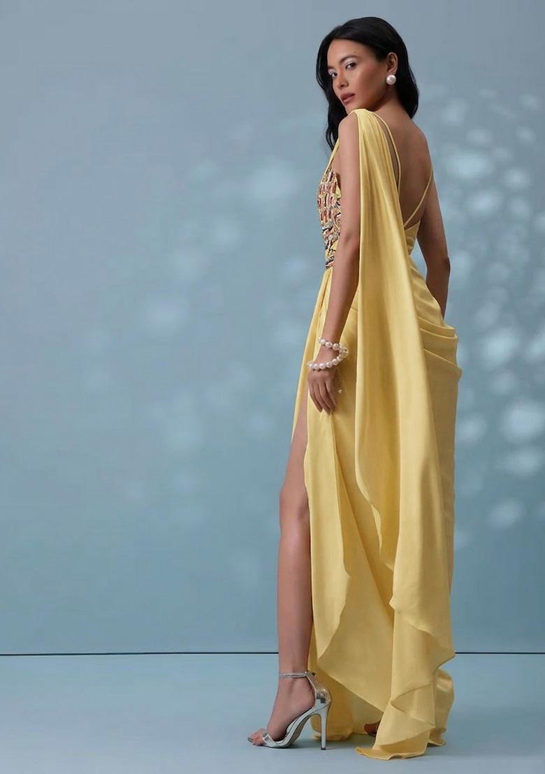 Mustard Crepe Handwork Pre Draped Saree Set - Indya