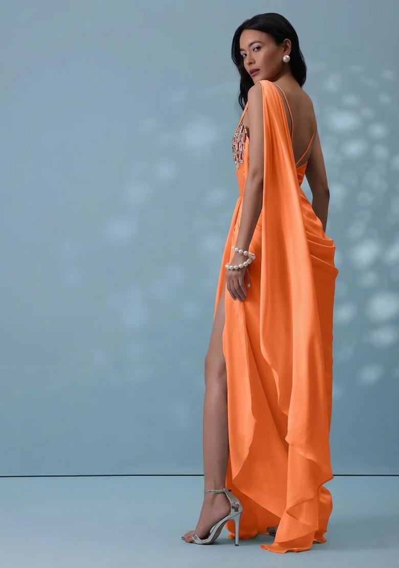 Peach Crepe Handwork Pre Draped Saree Set - Indya