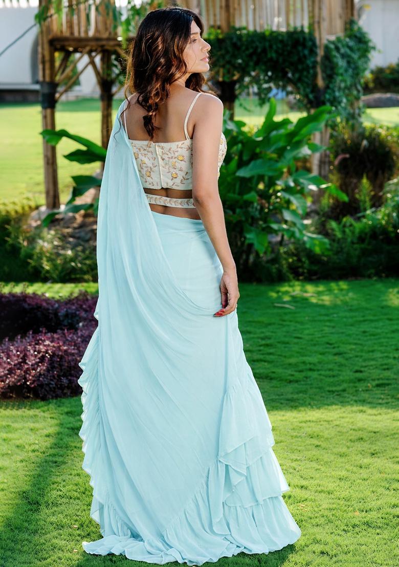 Sky Blue Georgette Handwork Pre Draped Saree Set - Indya