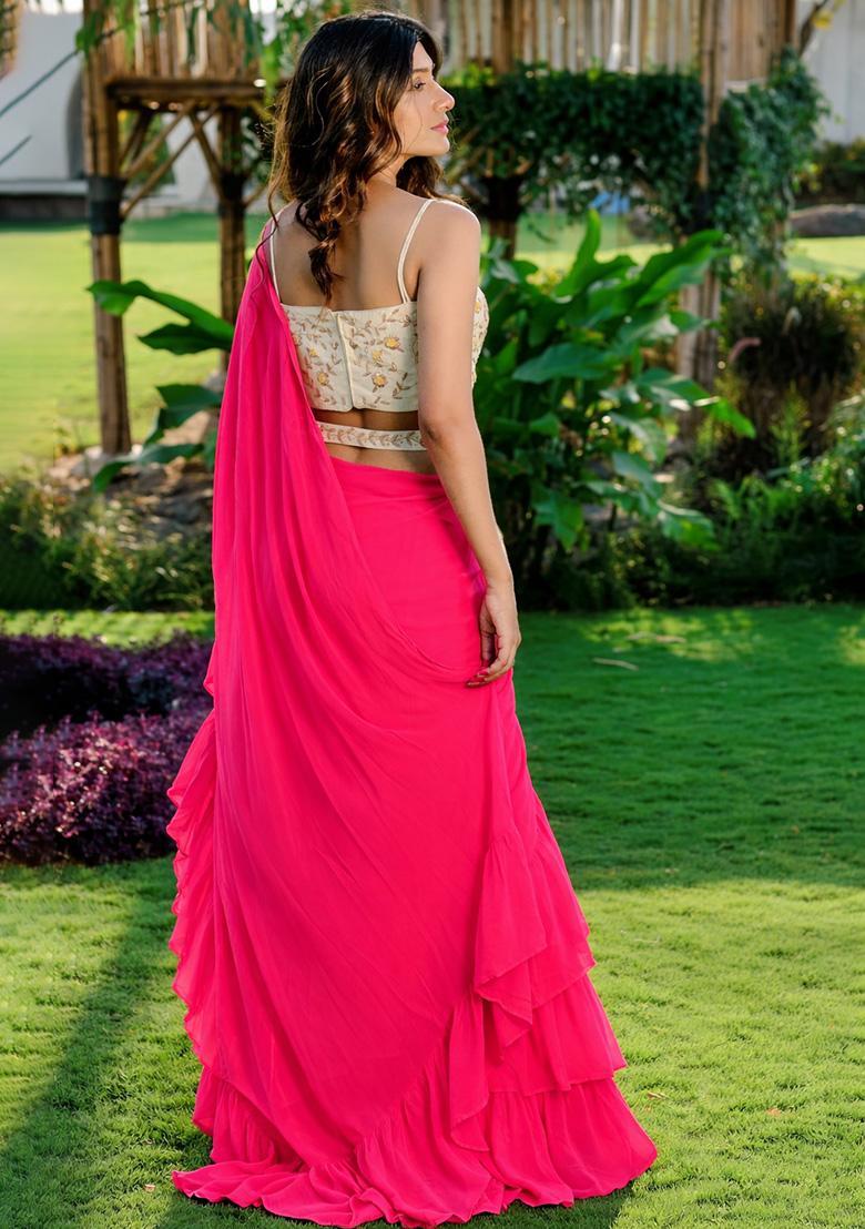 Pink Georgette Handwork Pre Draped Saree Set - Indya