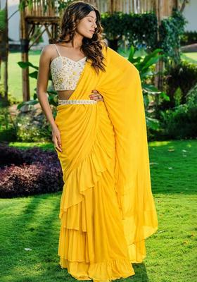 Yellow Georgette Handwork Pre Draped Saree Set