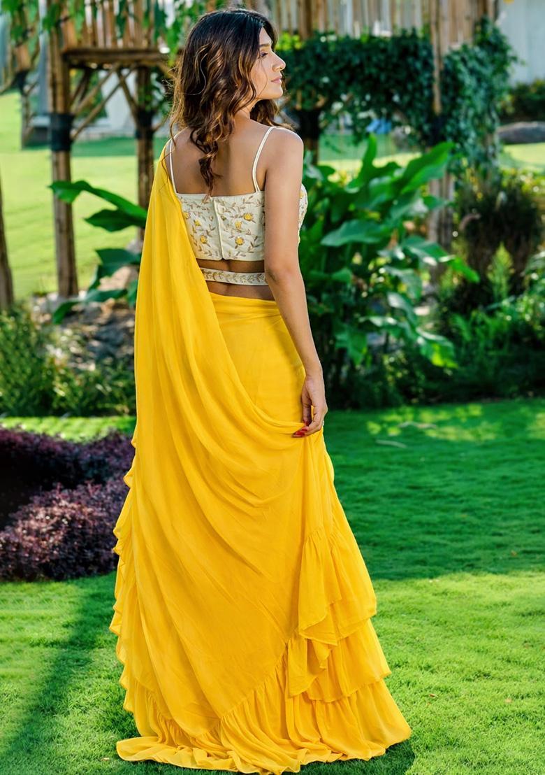 Yellow Georgette Handwork Pre Draped Saree Set - Indya