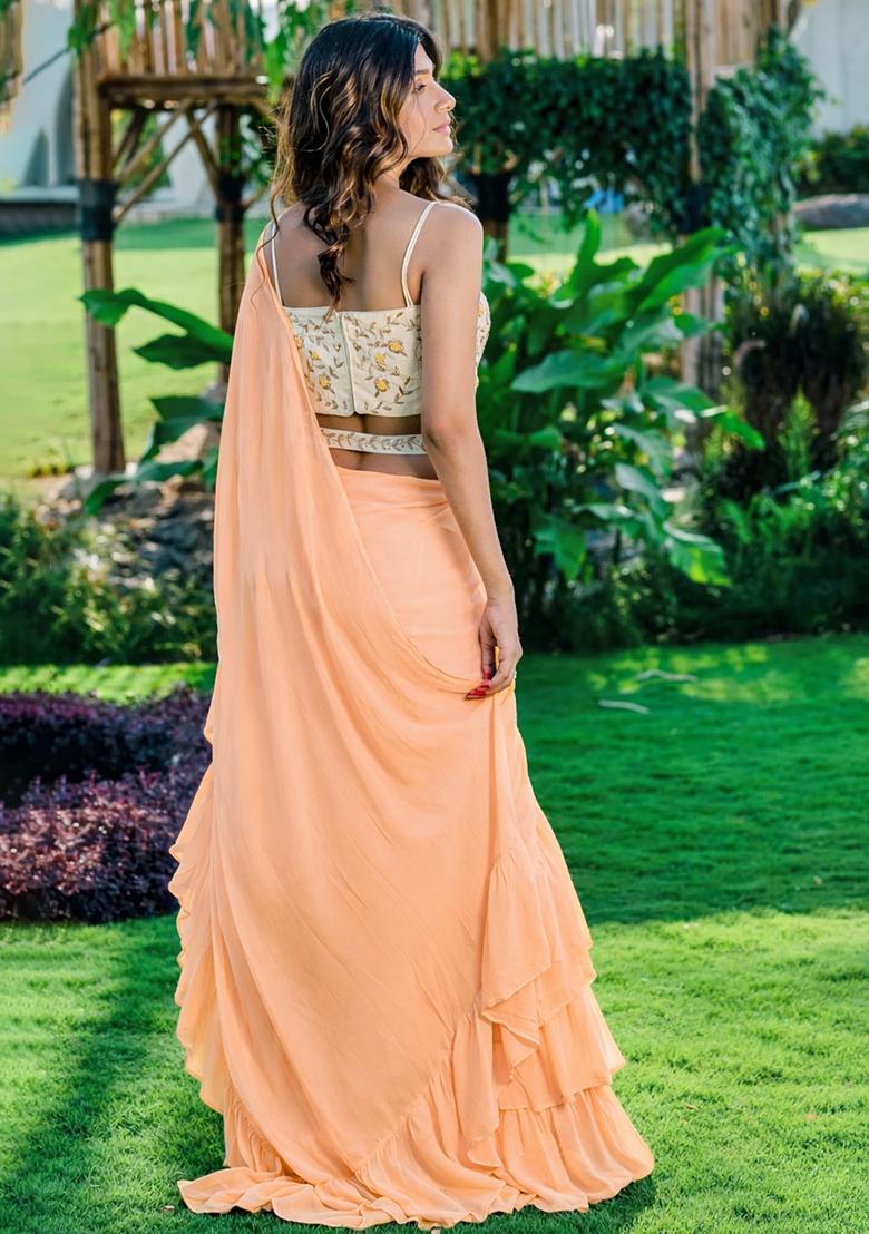 Peach Georgette Handwork Pre Draped Saree Set - Indya
