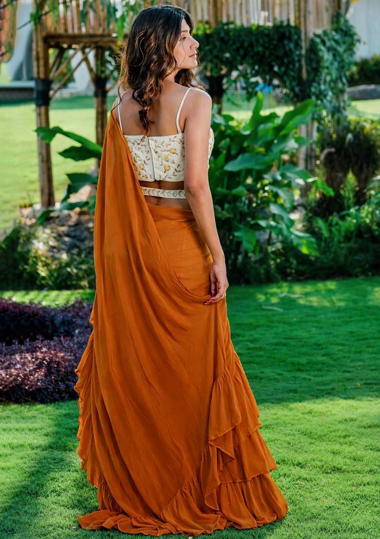 Rust Brown Georgette Handwork Pre Draped Saree Set - Indya