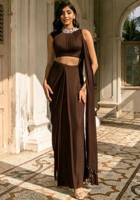 Dark Brown Crepe Handwork Pre Draped Saree Set