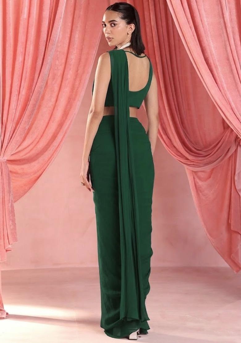 Bottle Green Georgette Handwork Pre Draped Saree Set - Indya