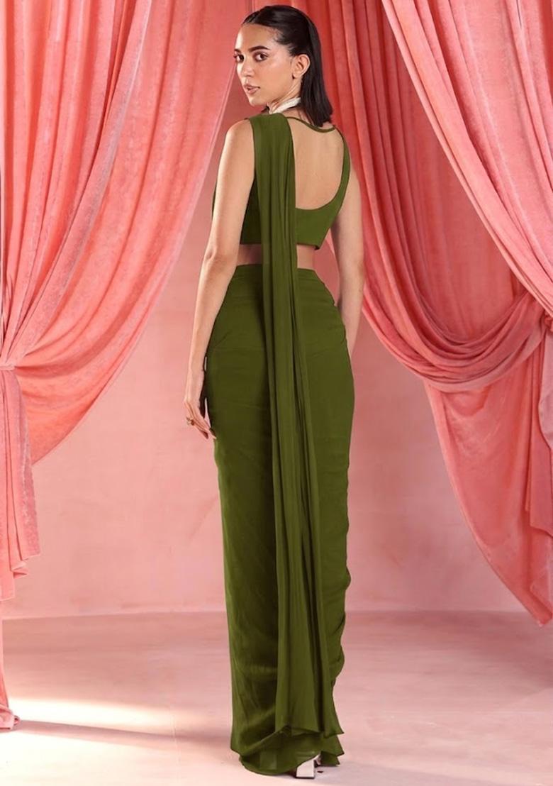 Olive Green Georgette Handwork Pre Draped Saree Set - Indya