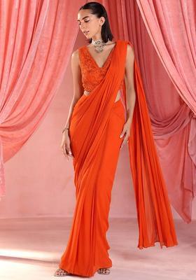 Orange Georgette Handwork Pre Draped Saree Set