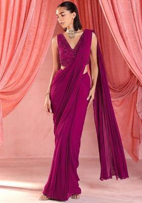 Pink Georgette Handwork Pre Draped Saree Set
