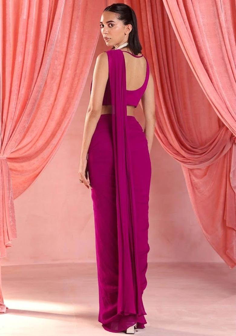 Pink Georgette Handwork Pre Draped Saree Set - Indya