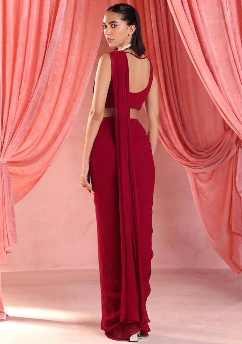 Red Georgette Handwork Pre Draped Saree Set - Indya