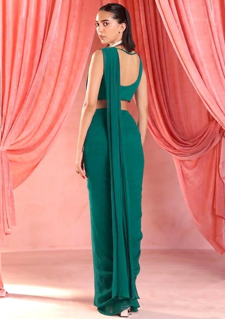 Teal Green Georgette Handwork Pre Draped Saree Set - Indya
