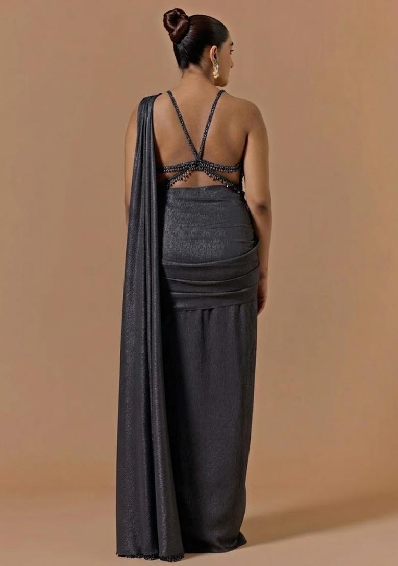 Charcoal Grey Chinon Handwork Pre Draped Saree Set - Indya
