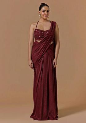Dark Maroon Chinon Handwork Pre Draped Saree Set