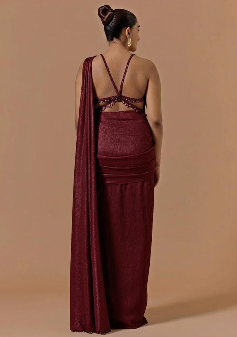Dark Maroon Chinon Handwork Pre Draped Saree Set - Indya