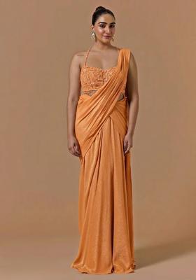 Orange Chinon Handwork Pre Draped Saree Set