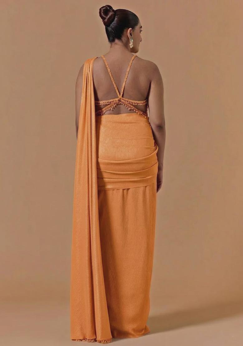 Orange Chinon Handwork Pre Draped Saree Set - Indya