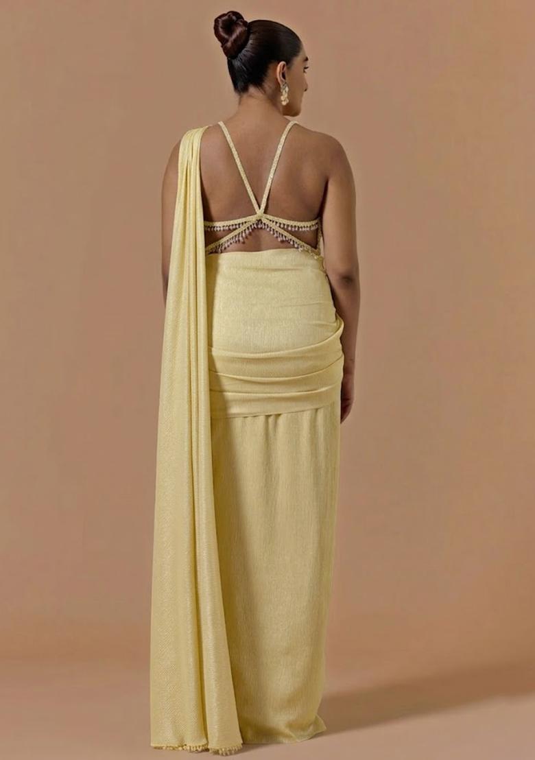 Pastel Yellow Chinon Handwork Pre Draped Saree Set - Indya