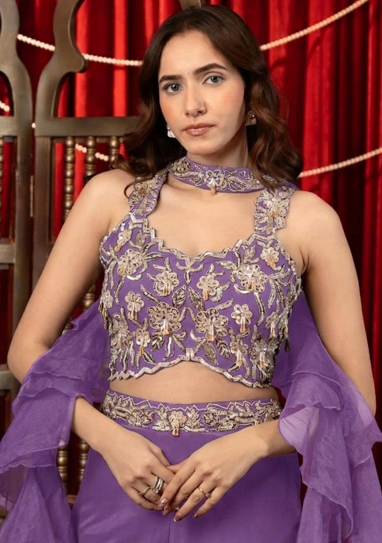 Pink Crepe Embroidered Handwork Fusion Set - Indya