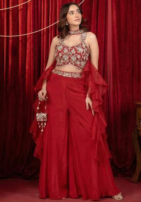 Red Crepe Embroidered Handwork Fusion Set