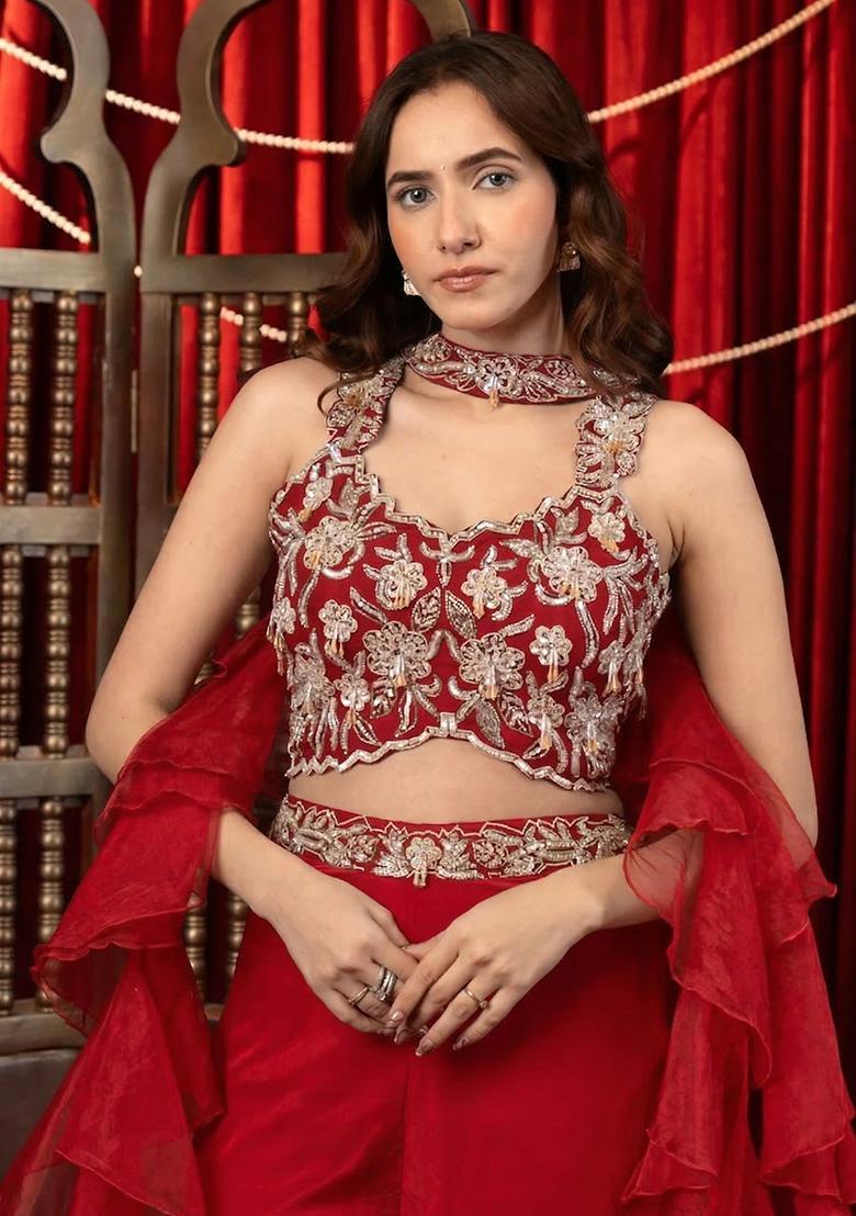 Red Crepe Embroidered Handwork Fusion Set - Indya