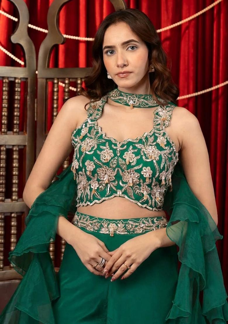 Emerald Green Crepe Embroidered Handwork Fusion Set - Indya