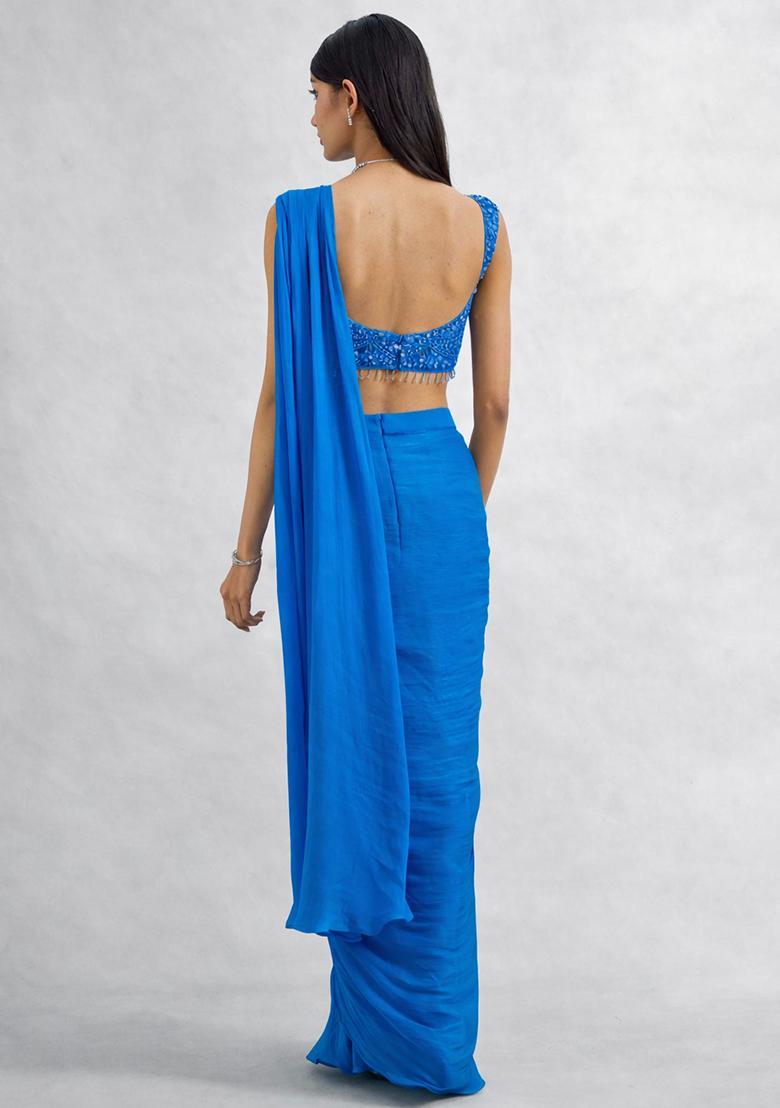 Blue Chinon Embellished Handwork Pre Draped Saree Set - Indya