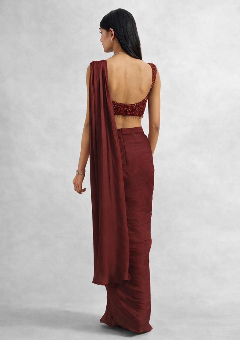 Red Chinon Embellished Handwork Pre Draped Saree Set - Indya