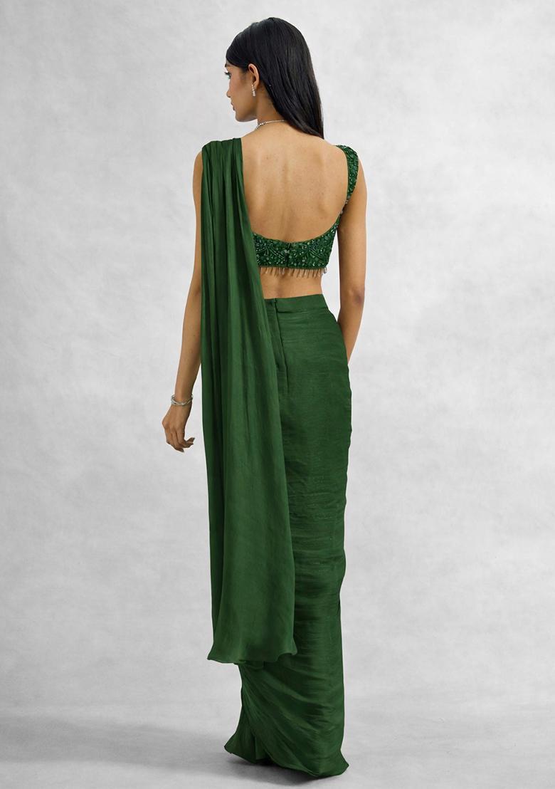 Green Chinon Embellished Handwork Pre Draped Saree Set - Indya