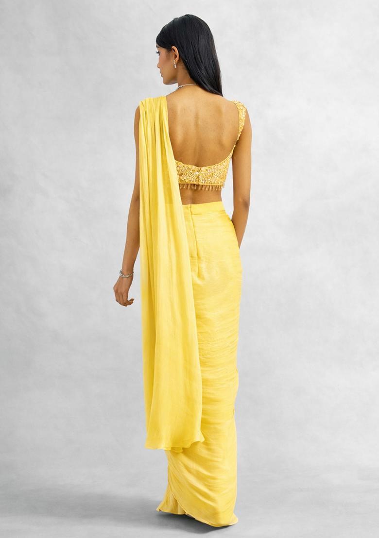 Yellow Chinon Embellished Handwork Pre Draped Saree Set - Indya