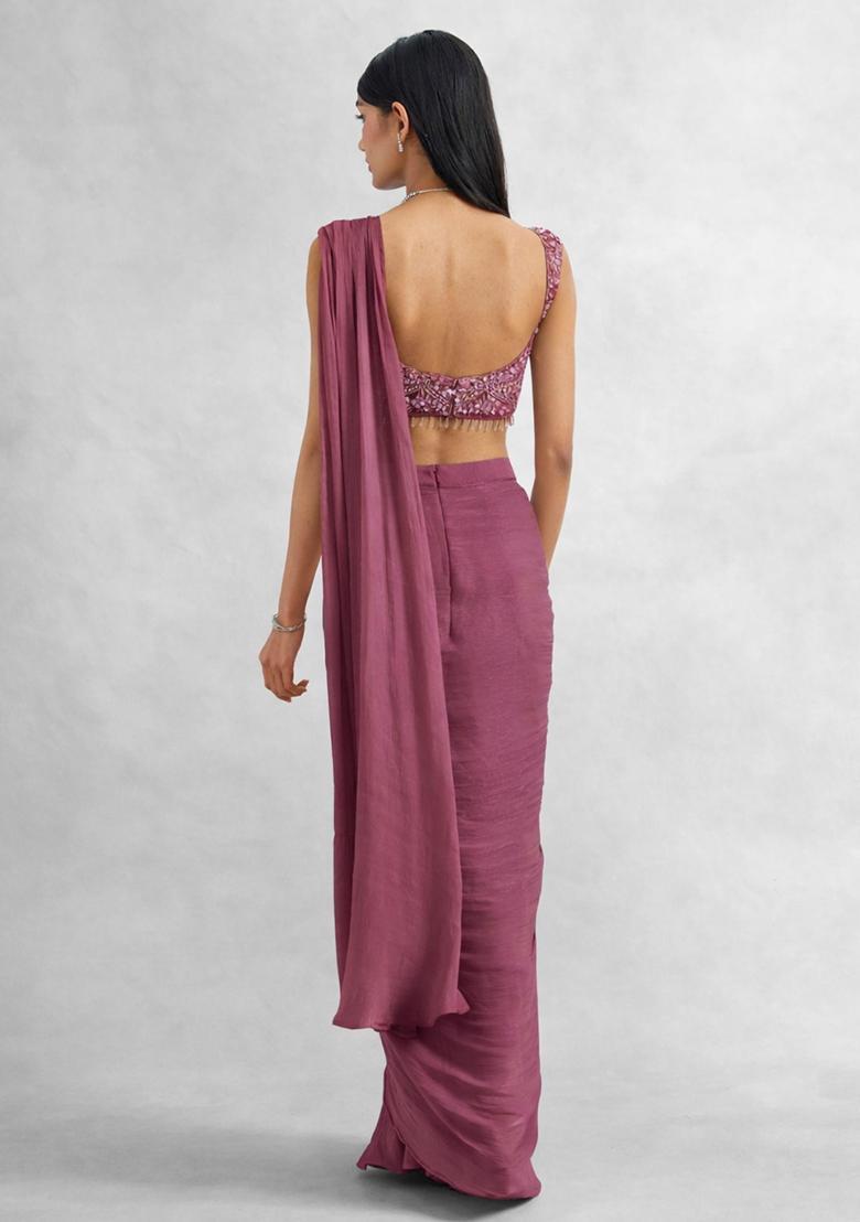 Mauve Chinon Embellished Handwork Pre Draped Saree Set - Indya