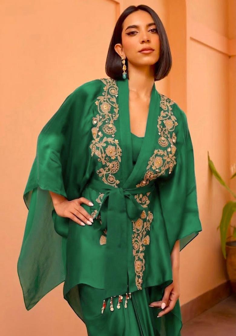 Emerald Green Satin Embroidered Handwork Fusion Set - Indya