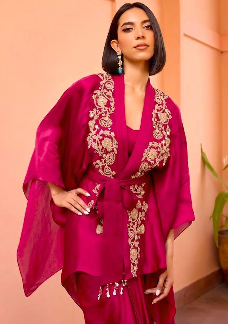 Hot Pink Satin Embroidered Handwork Fusion Set - Indya